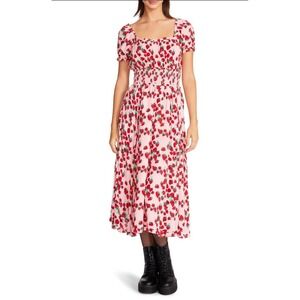 Betsey Johnson Strawberry Puff Sleeve Smocked Bodice Tiered Maxi Dress Sz Large